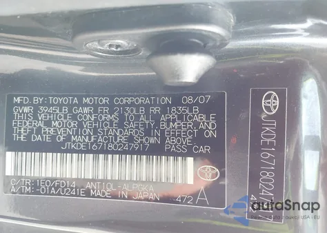 2008 Scion Tc z USA, uszkodzony, nr VIN JTKDE167180247917